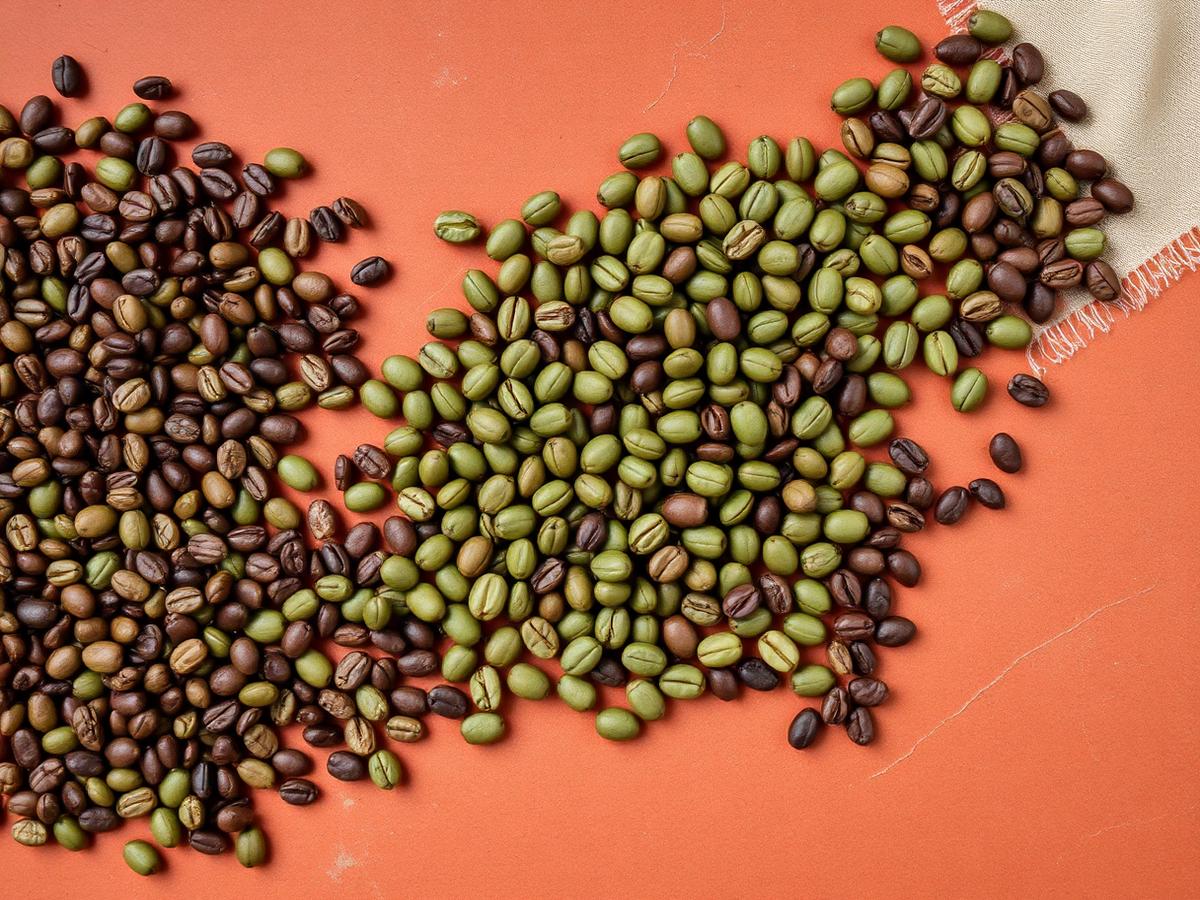 Biji kopi hijau dan biji yang sudah dipanggang